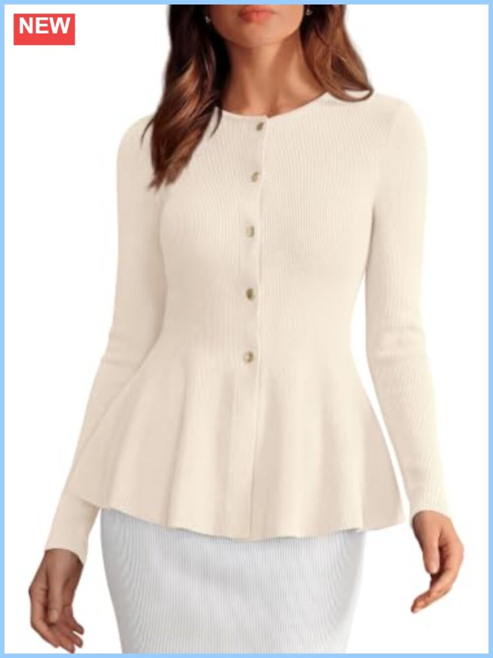 Women's Lightweight Button Up Ribbed Knit Cardigan Sweater Peplum Hem